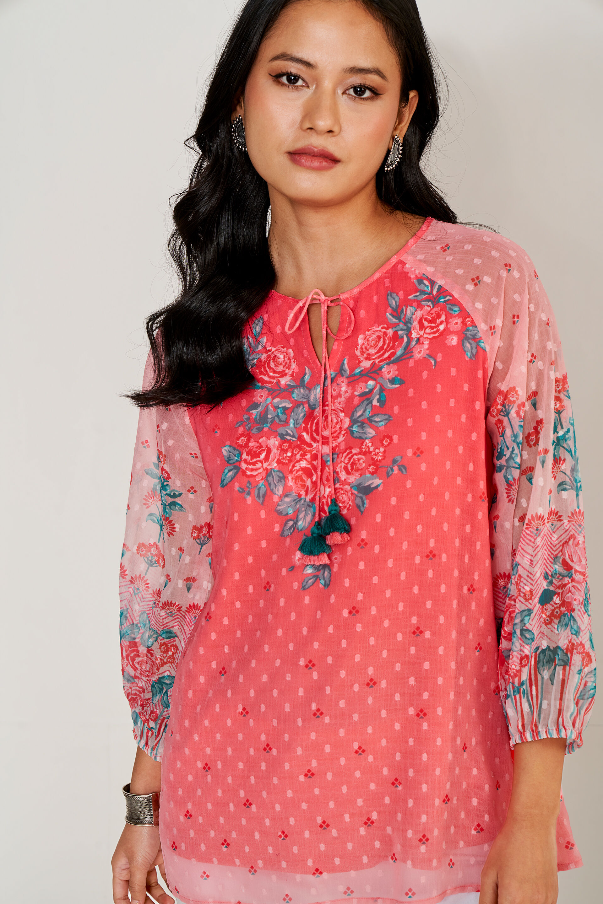 Coral Floral Tassel Straight Top, Coral, image 4